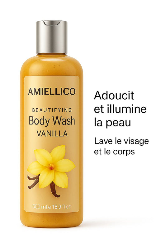 AMIELLICO – Gel Douche Beauté Vanille 500 ml | Adoucit, Illumine et Nourrit la Peau | Pour Visage et Corps