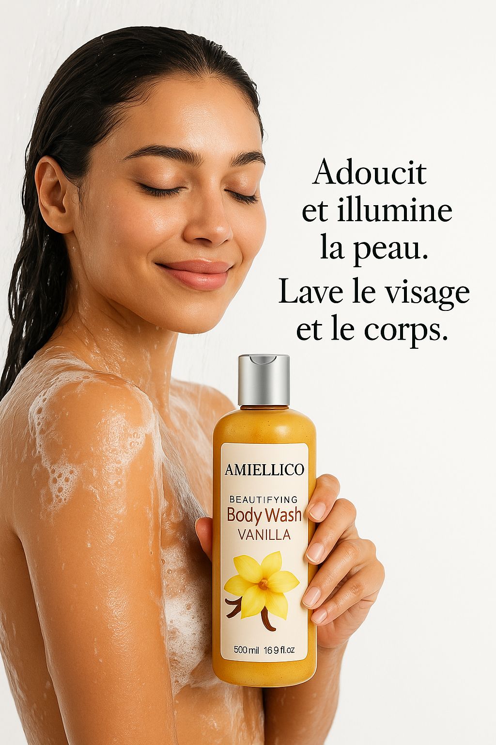 AMIELLICO – Gel Douche Beauté Vanille 500 ml | Adoucit, Illumine et Nourrit la Peau | Pour Visage et Corps